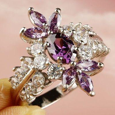 Women\'s Jewelry Amethyst & White Topaz Gemstone Silver Fashion Ring Size 8