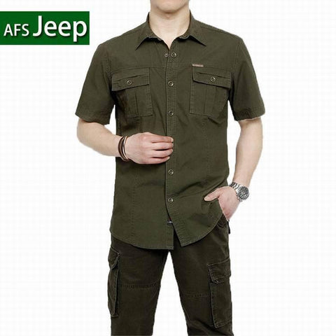 Plus Size XXXXXL Summer Men\'s 100% Cotton Shirts Solid Color Dress Short Sleeve Shirts Casual Outdoor Man Brand AFS JEEP 5003